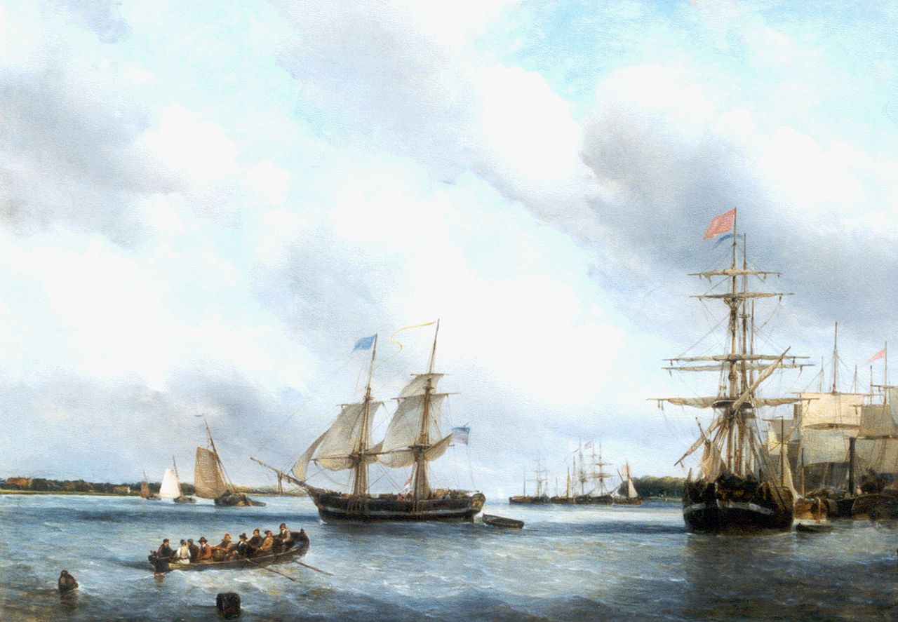 Waldorp A.  | Antonie Waldorp, Shipping on the river Maas, oil on panel 59.2 x 85.2 cm, signed l.l.