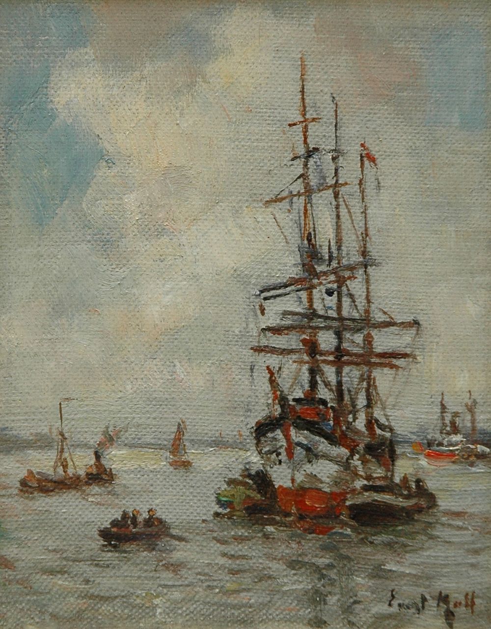 Moll E.  | Evert Moll, Towboats and a moored three-master at the Nieuwe Maas, Rotterdam, oil on canvas laid down on panel 14.0 x 11.0 cm, signed l.r.