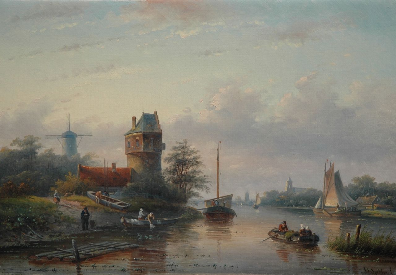 Spohler J.J.  | Jan Jacob Spohler, Activities along a river in summer, oil on canvas 38.3 x 55.5 cm, signed l.r.