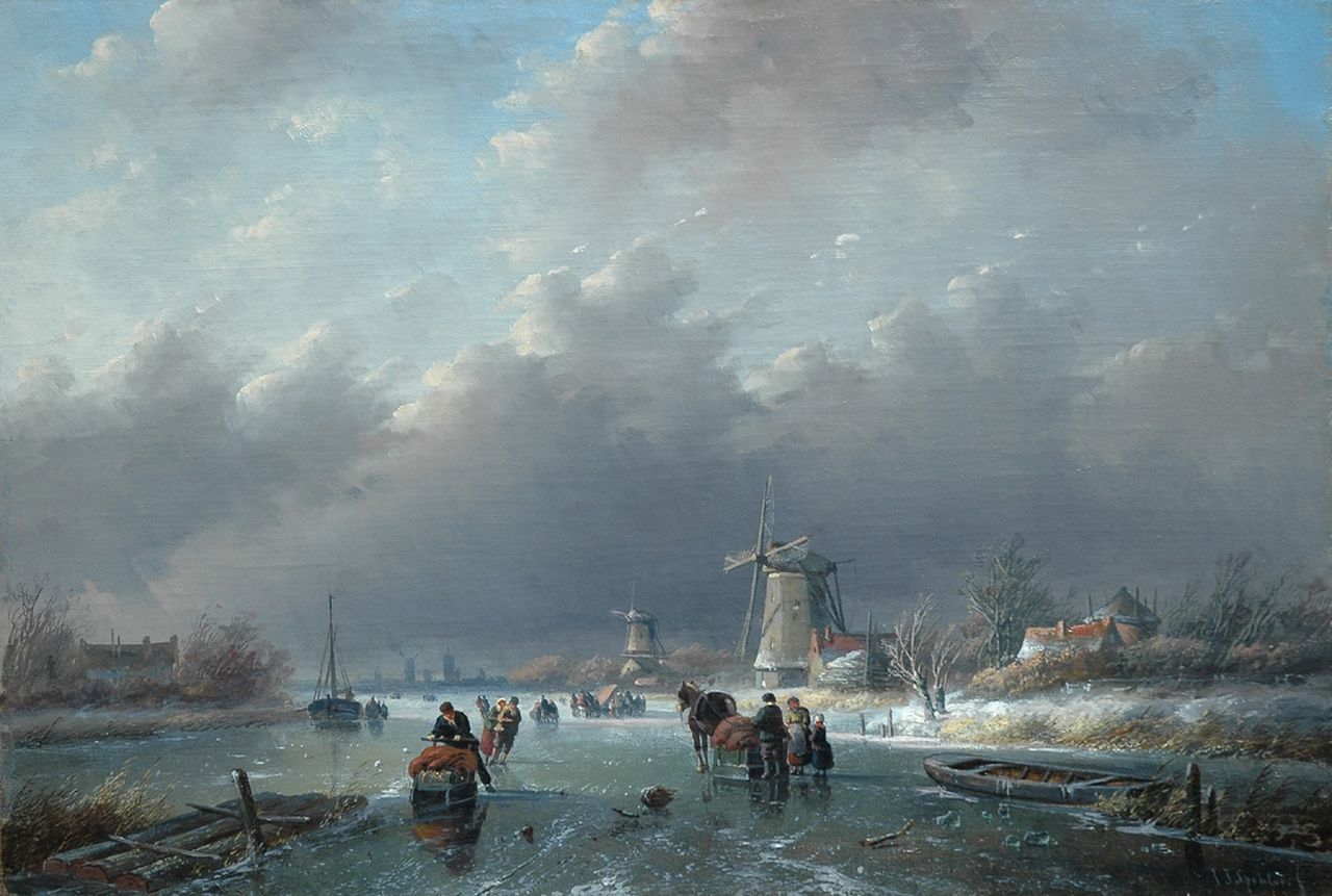 Spohler J.J.  | Jan Jacob Spohler, A winter landscape with numerous figures on the ice, oil on canvas 38.4 x 56.5 cm, signed l.r.