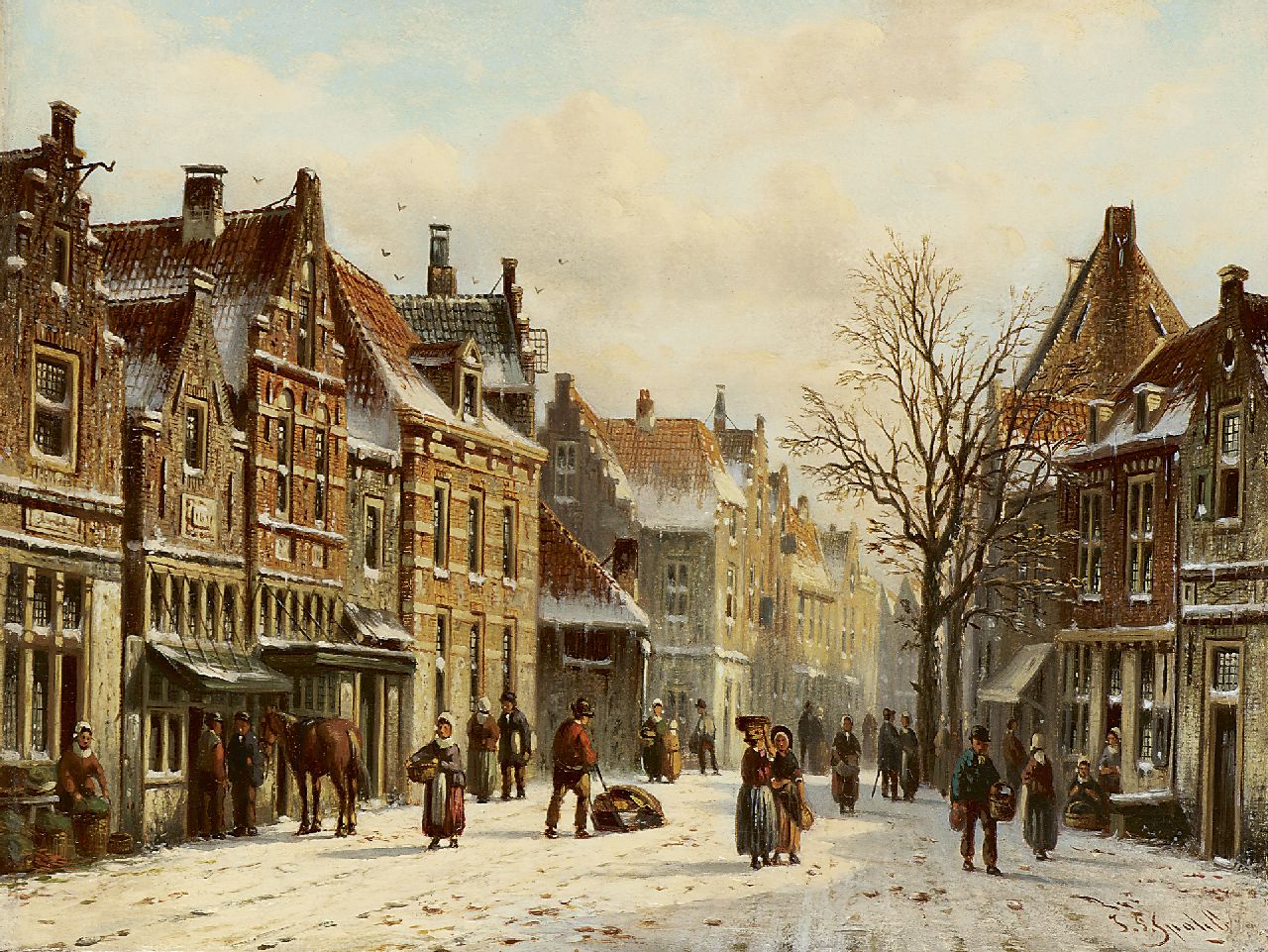 Spohler J.F.  | Johannes Franciscus Spohler, A city view in winter, oil on panel 15.8 x 21.0 cm, signed l.r.