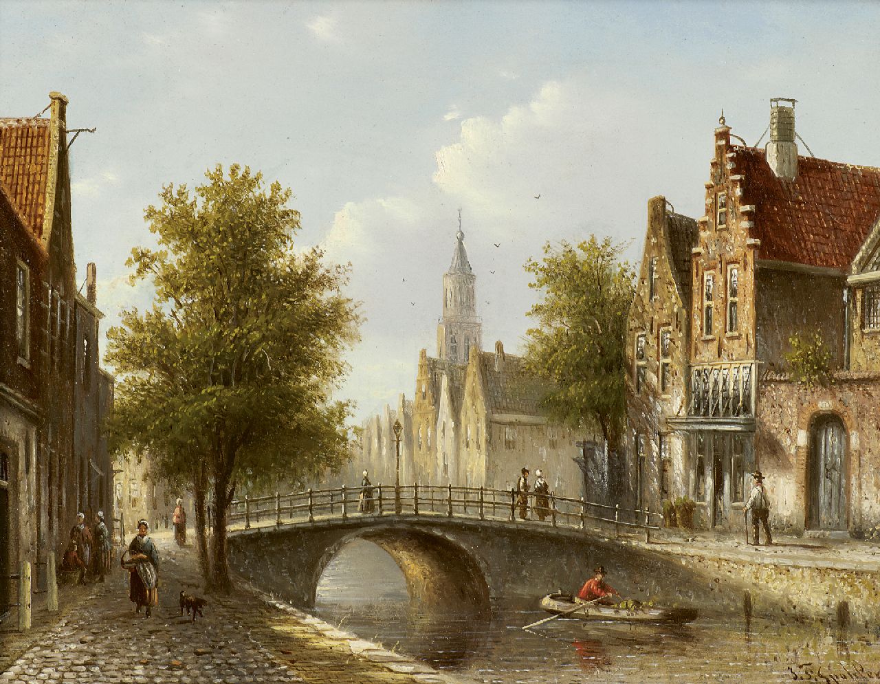 Spohler J.F.  | Johannes Franciscus Spohler, A city view in summer, oil on panel 15.9 x 20.5 cm, signed l.r.