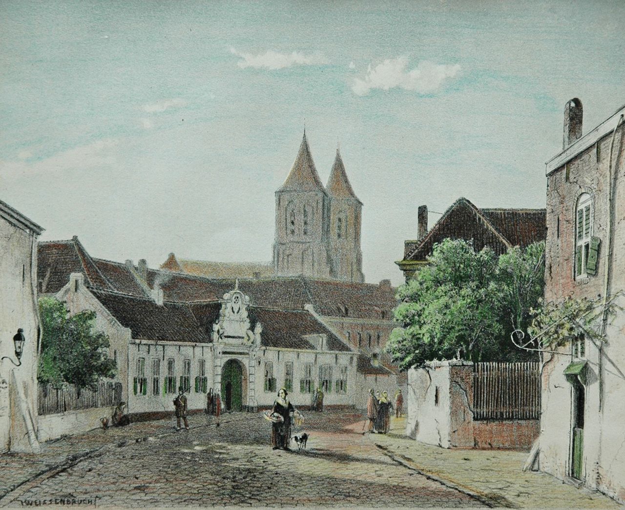 Weissenbruch J.  | Johannes 'Jan' Weissenbruch, Arnhem city view, lithograph 16.5 x 21.5 cm, gesigneerd linksonder