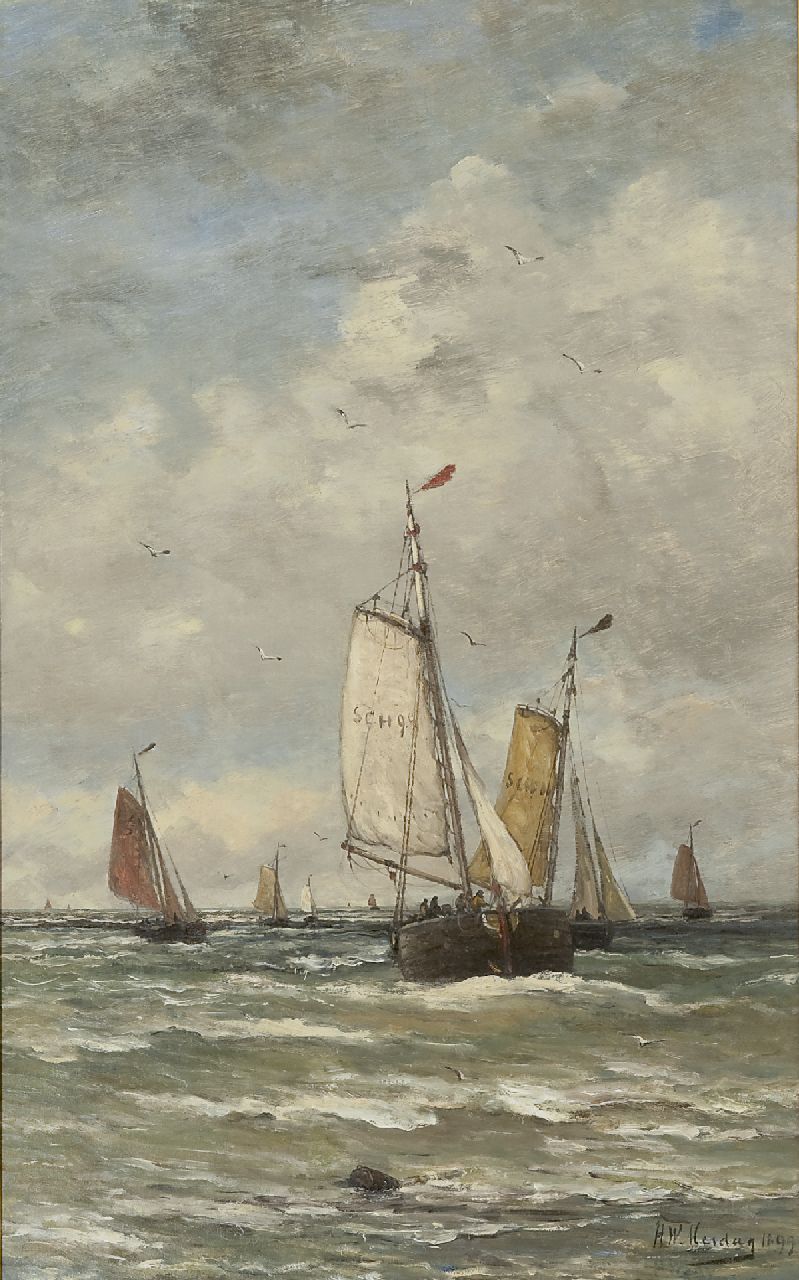 Mesdag H.W.  | Hendrik Willem Mesdag, Fishing boats at sea, oil on canvas 78.2 x 48.2 cm, signed l.r. and dated 1899