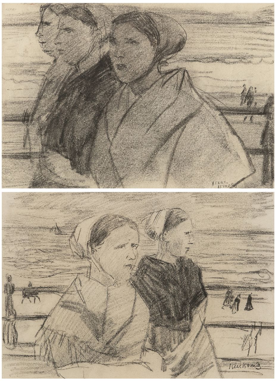 Israels I.L.  | 'Isaac' Lazarus Israels | Watercolours and drawings offered for sale | Scheveningen fisherwomen on the boulevard; reverse: Three fisherwomen, pastel on paper 22.0 x 31.5 cm, signed l.r.