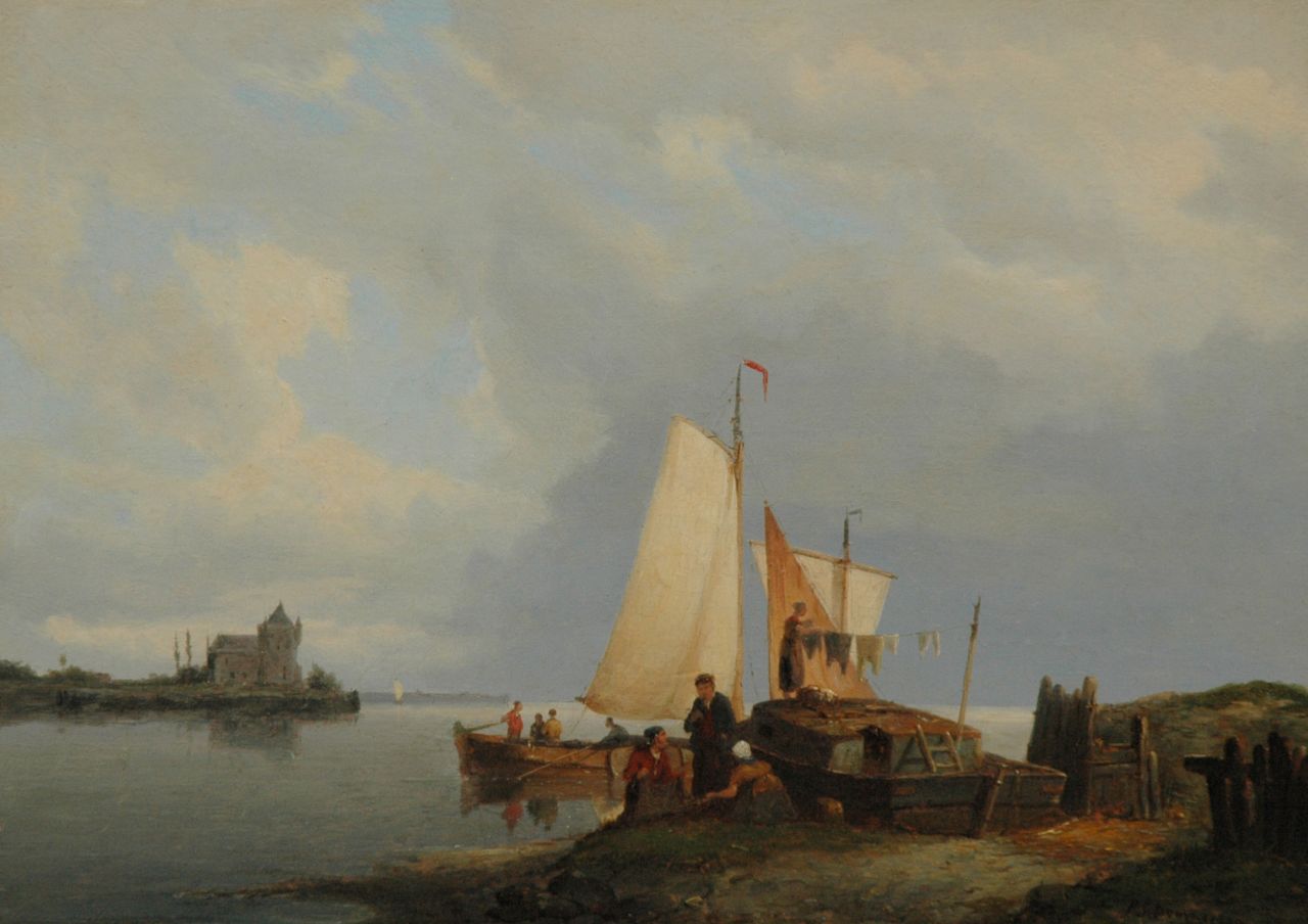 Dommershuijzen P.C.  | Pieter Cornelis Dommershuijzen, Figures near a barge on an estuary, oil on panel 27.1 x 38.3 cm, signed l.r.