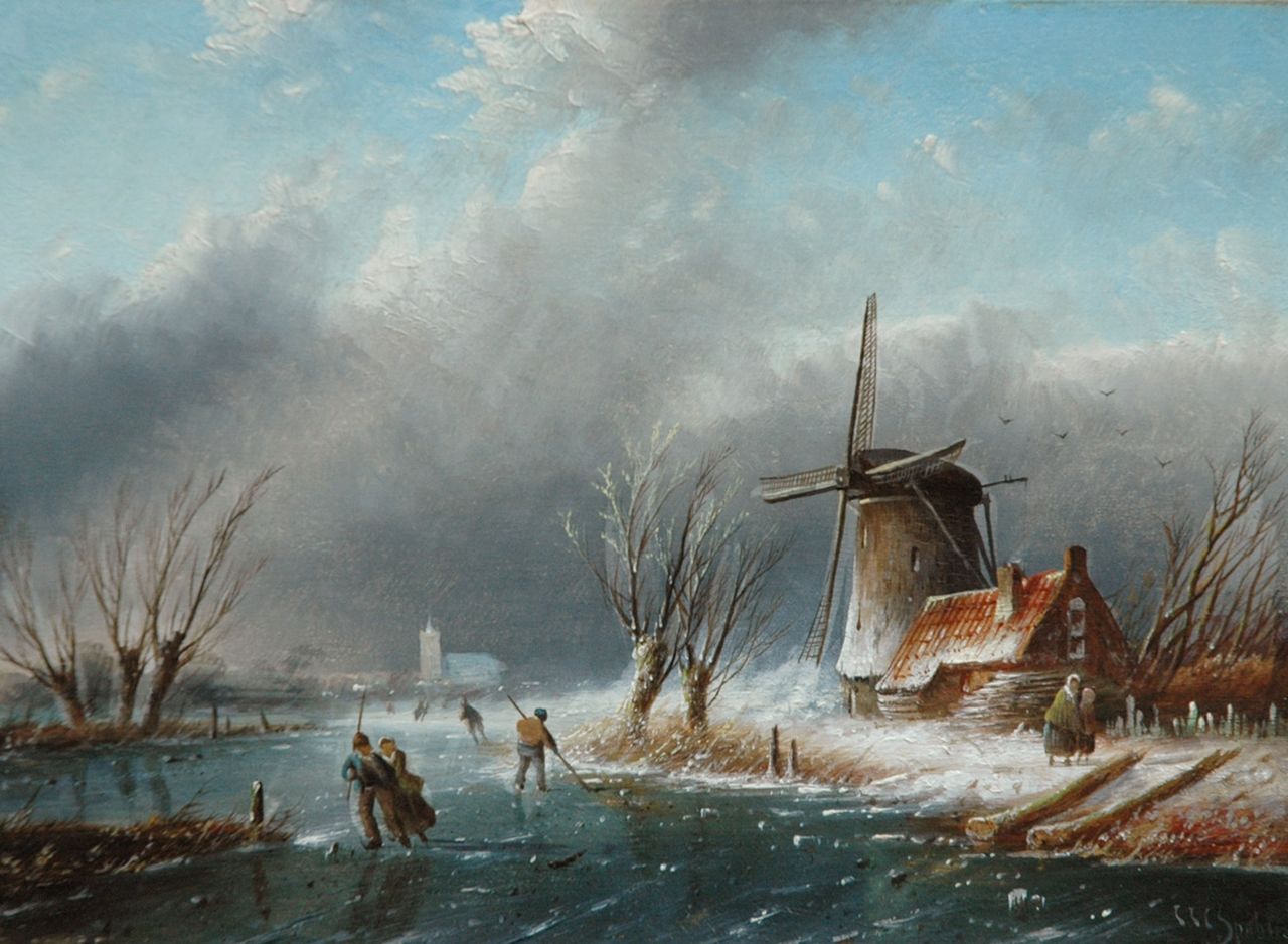 Spohler J.J.C.  | Jacob Jan Coenraad Spohler, Figures on a frozen river by a windmill, oil on panel 17.9 x 24.2 cm, signed l.r.