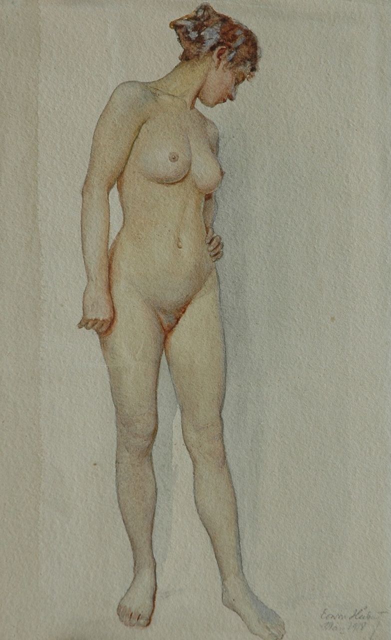 Hubert E.  | Erwin Hubert, Female nude, standing, pencil and watercolour on paper 33.0 x 20.0 cm, signed l.r. and dated Mai 1918