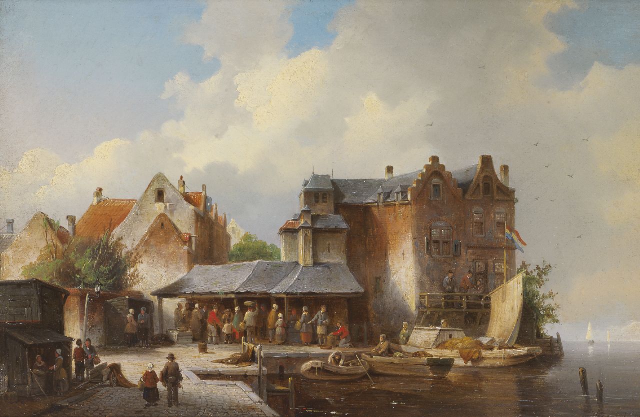 Carabain J.F.J.  | 'Jacques' François Joseph Carabain, A fish market in a Dutch port, oil on panel 22.2 x 33.1 cm, signed l.r.