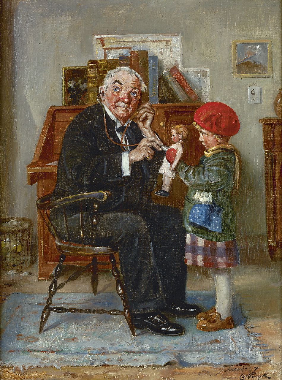 Schreuder van de Coolwijk J.H.W.M.  | 'Jan' Hendrik Willem Maurits Schreuder van de Coolwijk, Mender of dolls, oil on canvas 40.5 x 30.3 cm, signed l.r.