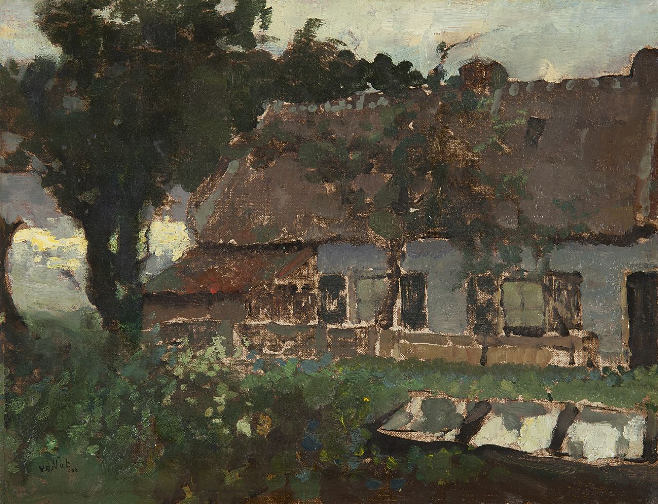 Nat W.H. van der | 'Willem' Hendrik van der Nat, Greenhouses near a farm, oil on canvas laid down on board 27.5 x 35.5 cm, signed l.l. and painted '09