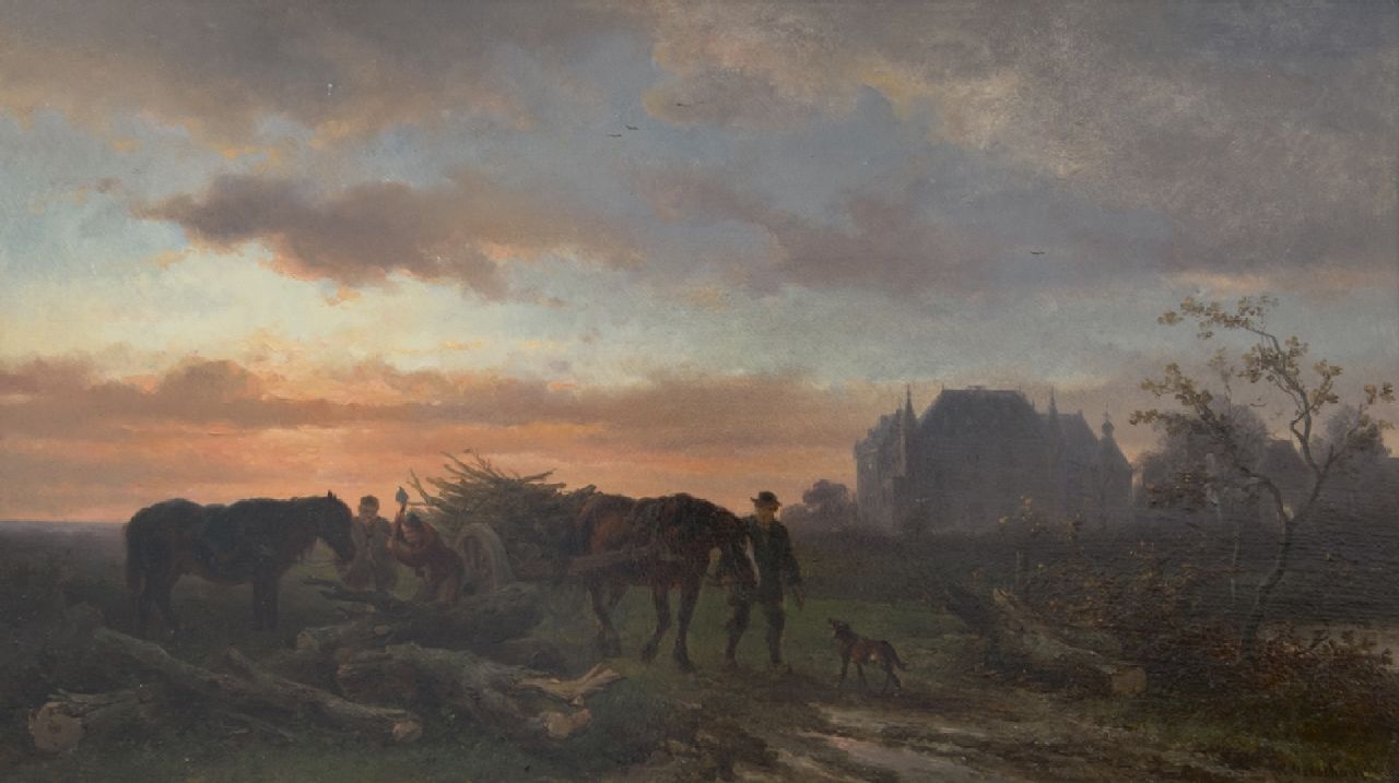 Verschuur W.  | Wouterus Verschuur, Evening landscape and workhorses at sunset, oil on panel 26.2 x 46.0 cm, signed l.r.