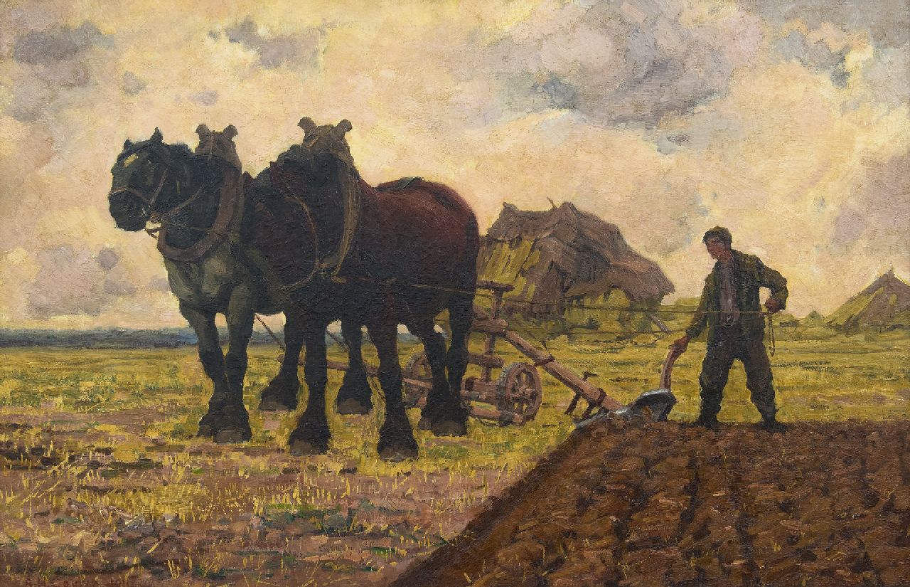 Gouwe A.H.  | Adriaan Herman Gouwe, Ploughing the fields, oil on canvas 65.8 x 100.6 cm, signed l.l. and dated 1911
