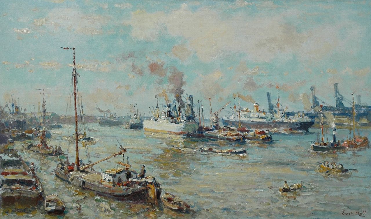 Moll E.  | Evert Moll, Oceansteamer on the Nieuwe Maas near Rotterdam, oil on canvas 60.2 x 100.3 cm, signed l.r.