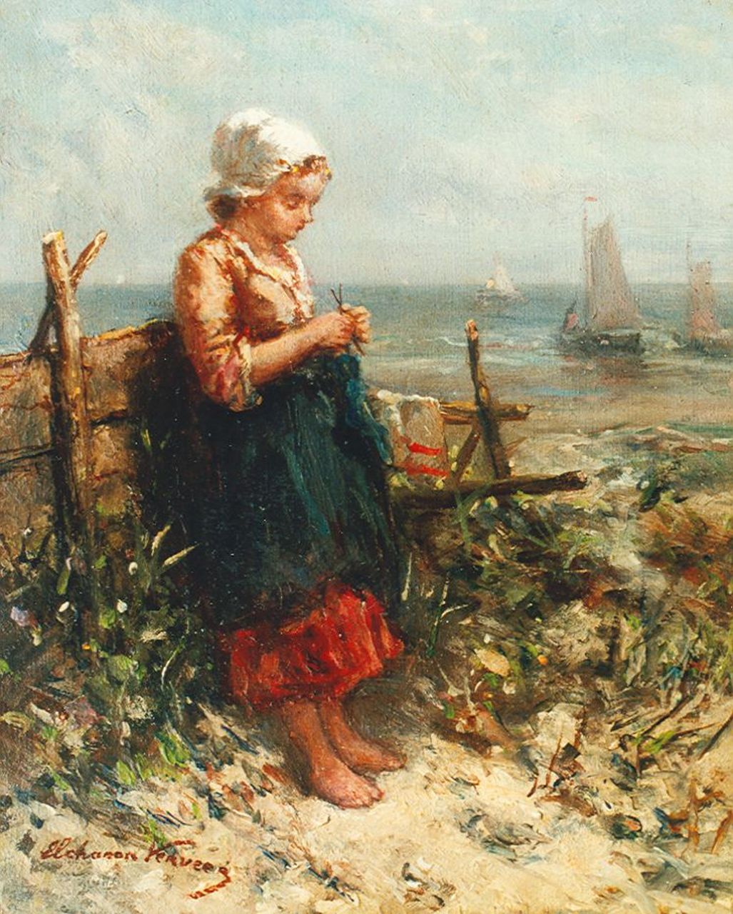 Verveer E.L.  | 'Elchanon' Leonardus Verveer, A girl knitting, oil on panel 11.2 x 9.0 cm, signed l.l.