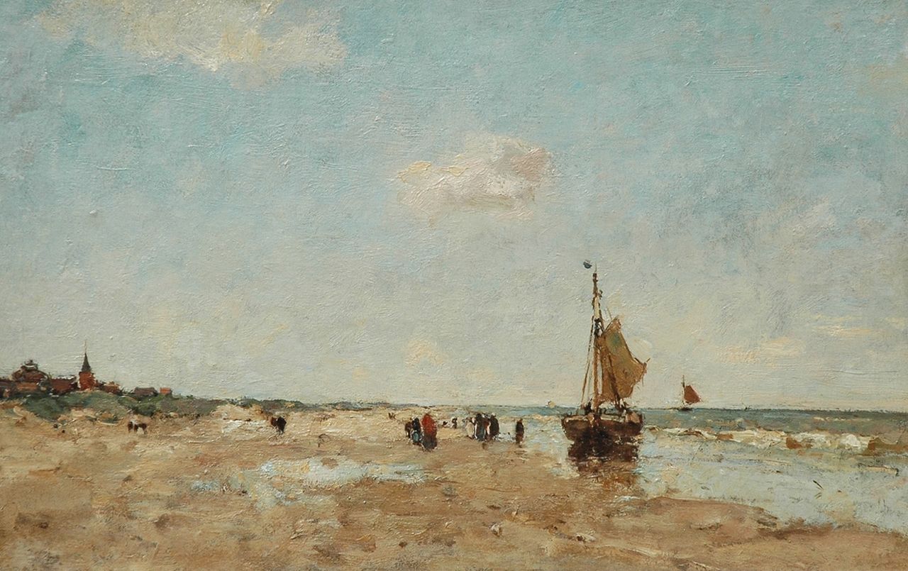 Stutterheim L.P.  | Lodewijk Philippus 'Louis' Stutterheim, A sailingboat and figures on the beach, oil on canvas 35.3 x 55.1 cm