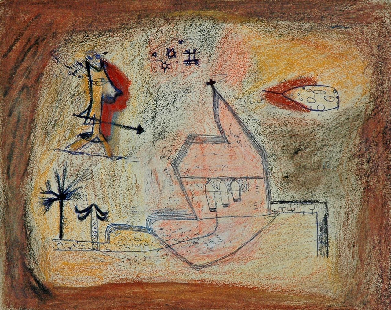 Nanninga J.  | Jacob 'Jaap' Nanninga | Watercolours and drawings offered for sale | Composition with a church, after the painting 'Bebende Kapelle' by Paul Klee 1924, ballpoint, coloured chalk and pastel on paper 22.0 x 27.0 cm, signed with studio stamp on the reverse (no. 010)