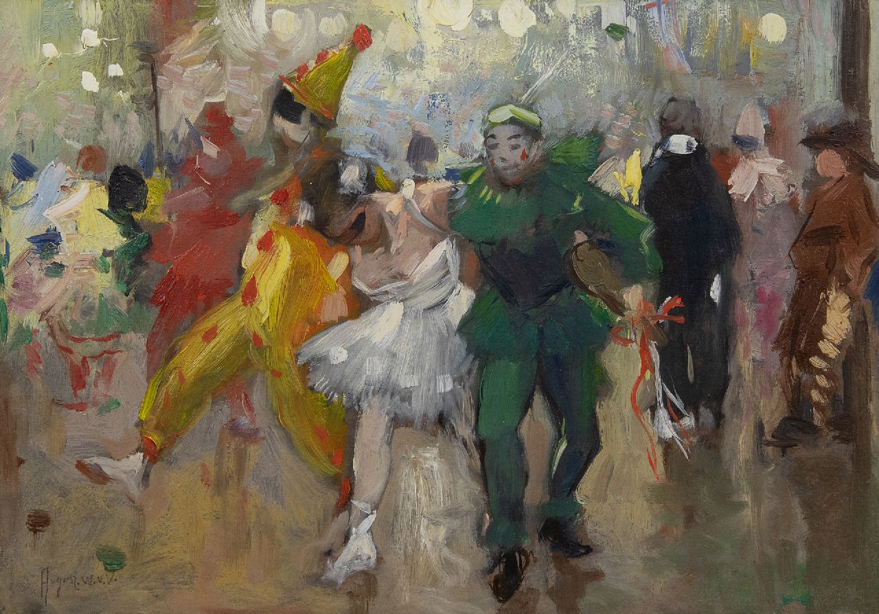 Voorden A.W. van | August Willem van Voorden, Dancing at the Bal Masqué, oil on painter's board 26.4 x 36.9 cm, signed l.l.