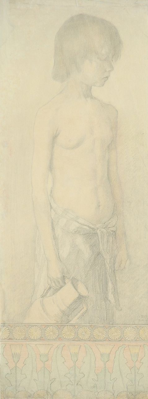 Bruinier J.M.  | Jeanne Marie 'Sanne' Bruinier, Young girl carrying a jug, pencil, coloured pencil and chalk on paper 64.5 x 24.7 cm, signed l.r. with initials and painted juli '98