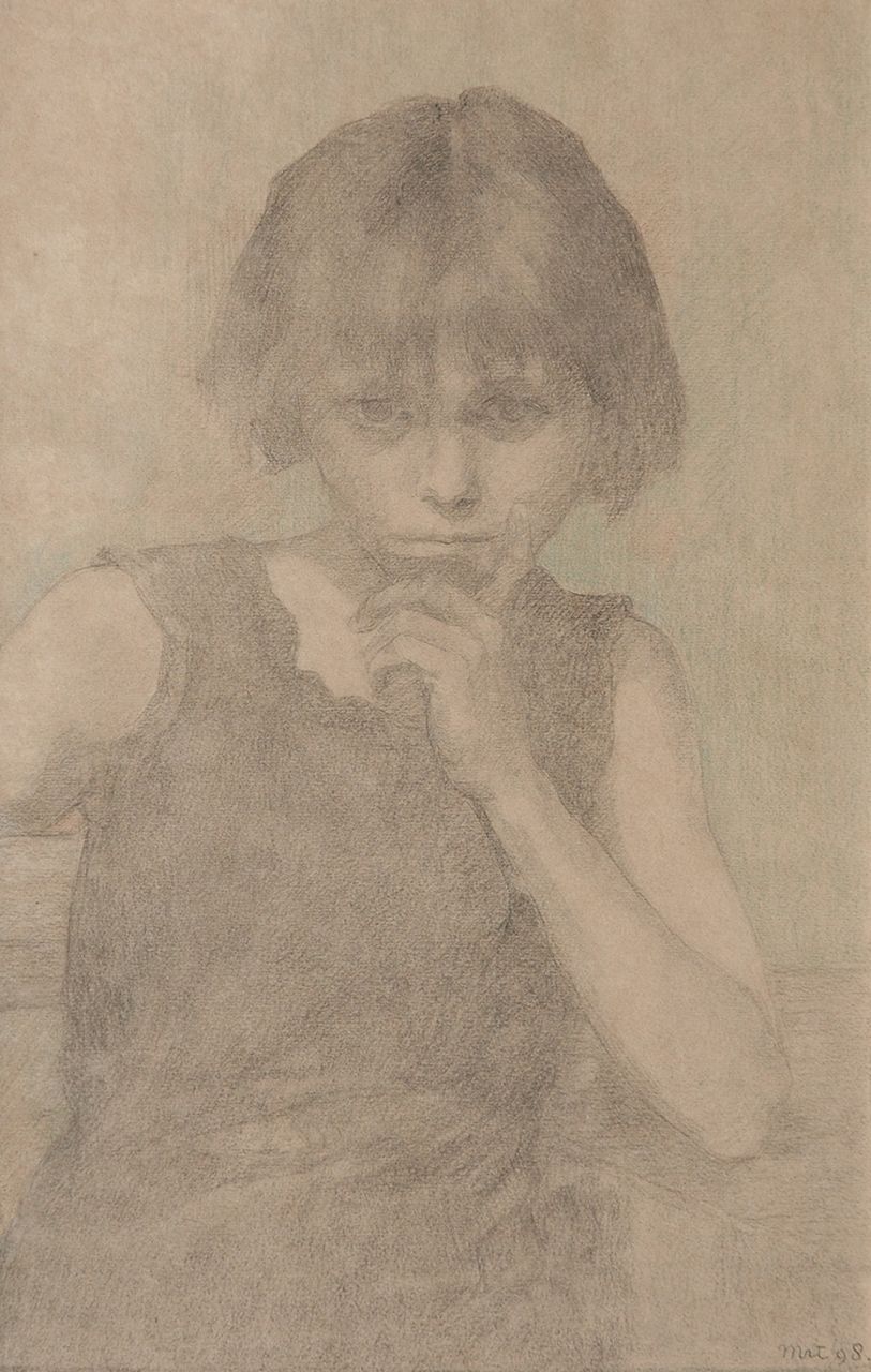 Bruinier J.M.  | Jeanne Marie 'Sanne' Bruinier, Portrait of a girl, chalk on paper 40.8 x 26.3 cm, painted 'mrt '98'