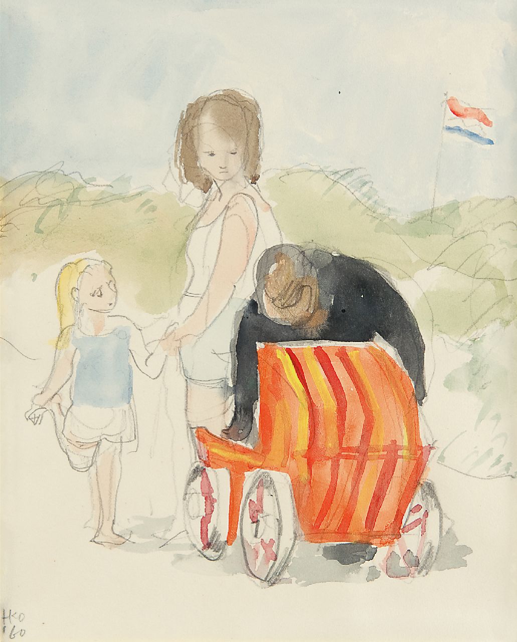 Kamerlingh Onnes H.H.  | 'Harm' Henrick Kamerlingh Onnes | Watercolours and drawings offered for sale | Family in the dunes on Terschelling, pencil and watercolour on paper 18.8 x 16.2 cm, signed l.l. with monogram and painted '60