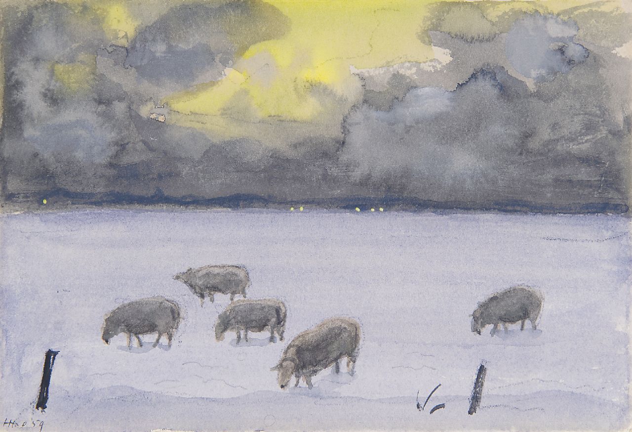 Kamerlingh Onnes H.H.  | 'Harm' Henrick Kamerlingh Onnes | Watercolours and drawings offered for sale | A winter landschape with sheep, Terschelling, chalk and watercolour on paper 12.0 x 17.5 cm, signed l.l. and reverse with monogram and dated recto and reverse '59