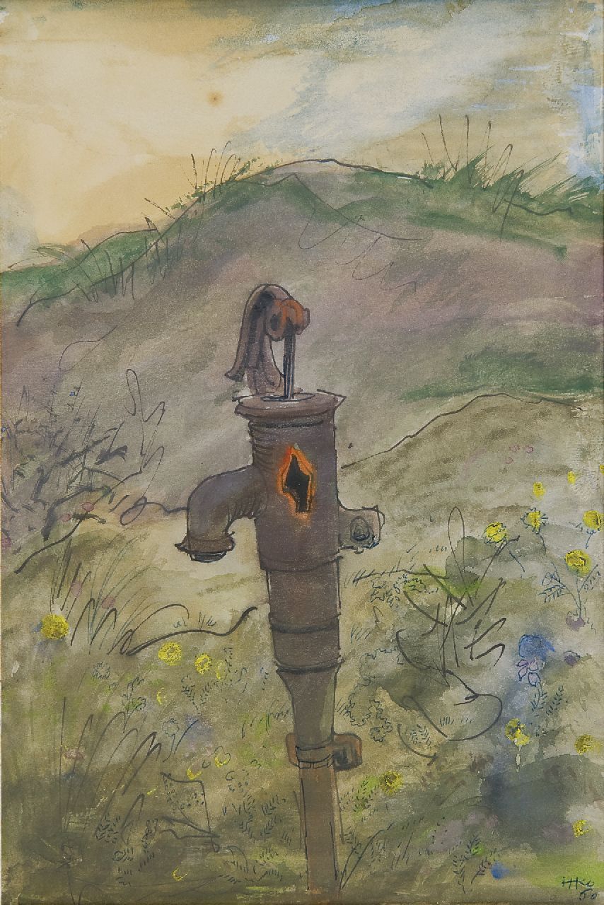 Kamerlingh Onnes H.H.  | 'Harm' Henrick Kamerlingh Onnes | Watercolours and drawings offered for sale | An old waterpump in the dunes, Terschelling, pen, ink and watercolour on paper 22.2 x 15.1 cm, signed l.r. with monogram and painted '60