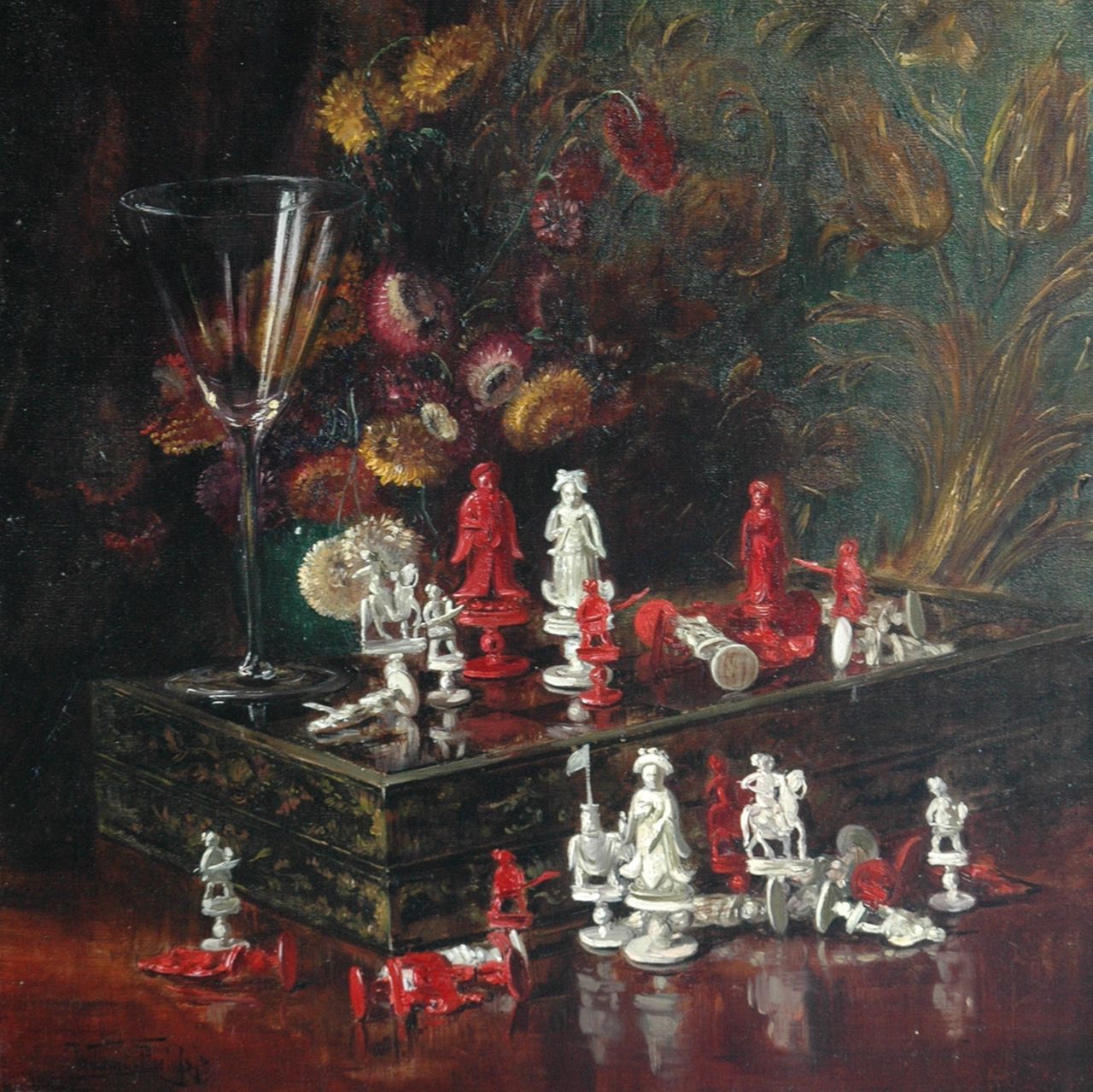 Roelofs jr. W.E.  | Willem Elisa Roelofs jr., Still life with Chinese chess pieces, oil on canvas 45.5 x 45.7 cm, signed l.l.