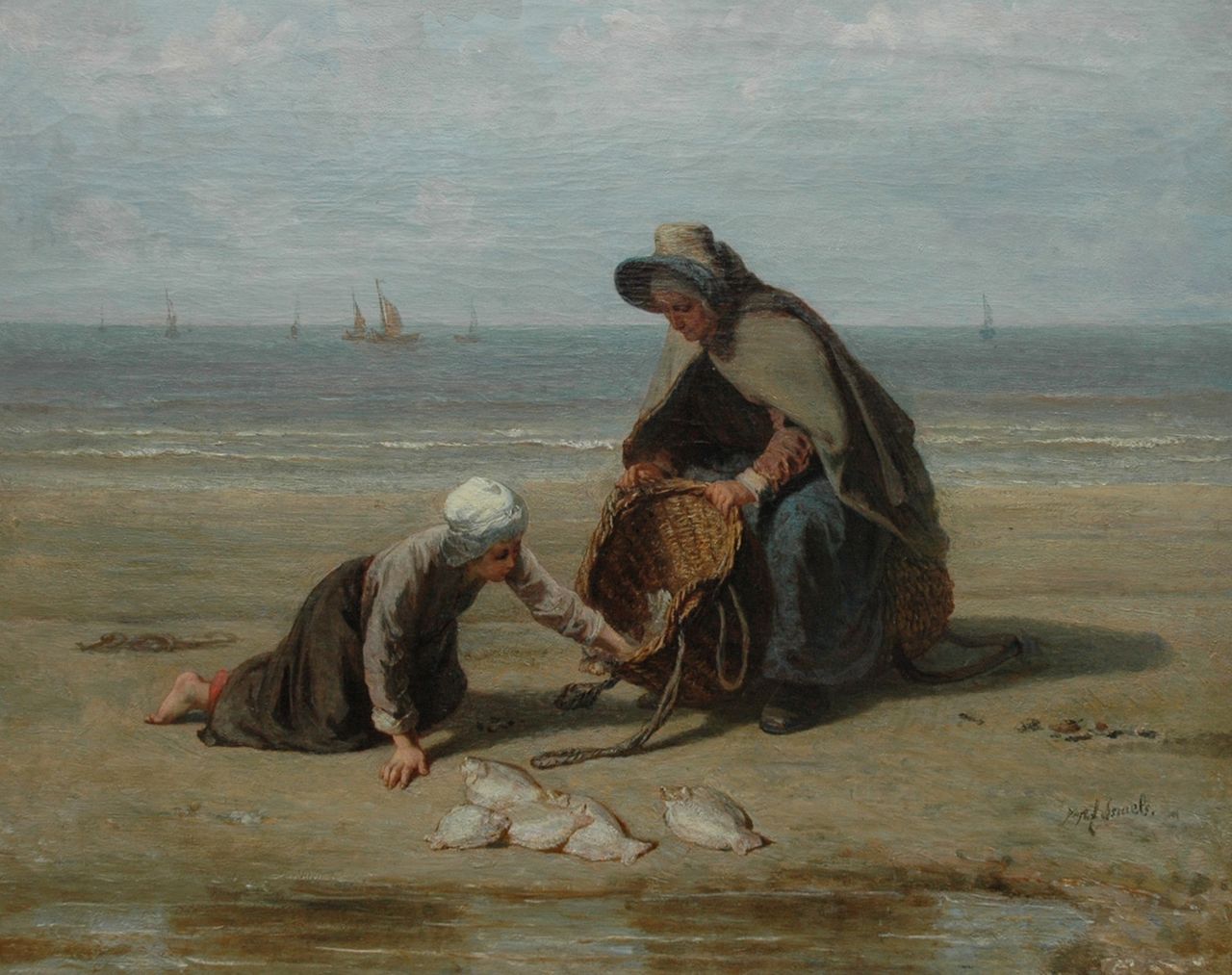 Israëls J.  | Jozef Israëls, Fisherman's wife and daughter on the beach with the daily catch, oil on canvas 54.0 x 67.0 cm, signed l.r.
