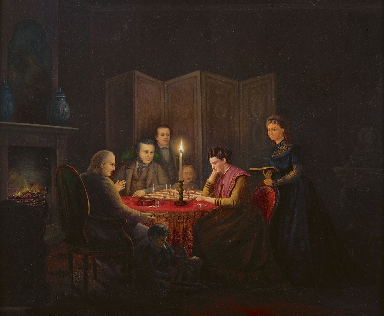 Heijden J.H. van der | Johannes Hermanus van der Heijden, The evening chess game, oil on panel 41.5 x 51.3 cm, signed l.r.