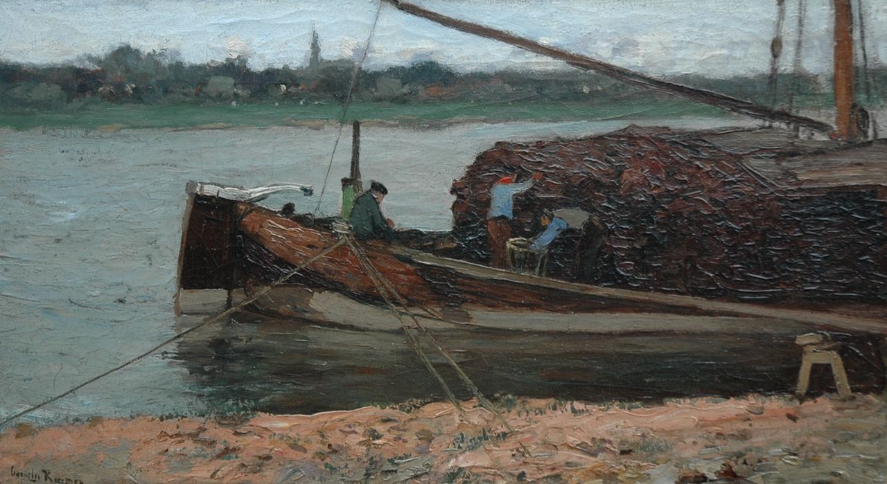 Kuijpers C.  | Cornelis Kuijpers, Moored peat barge, oil on canvas 30.1 x 52.6 cm, signed l.l.