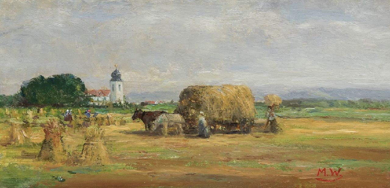 Meyer-Wiegand R.D.  | Rolf Dieter Meyer-Wiegand | Paintings offered for sale | Harvest time in Bavaria, oil on painter's board 10.0 x 20.0 cm, signed l.r. with initials and reverse with atelier stamp