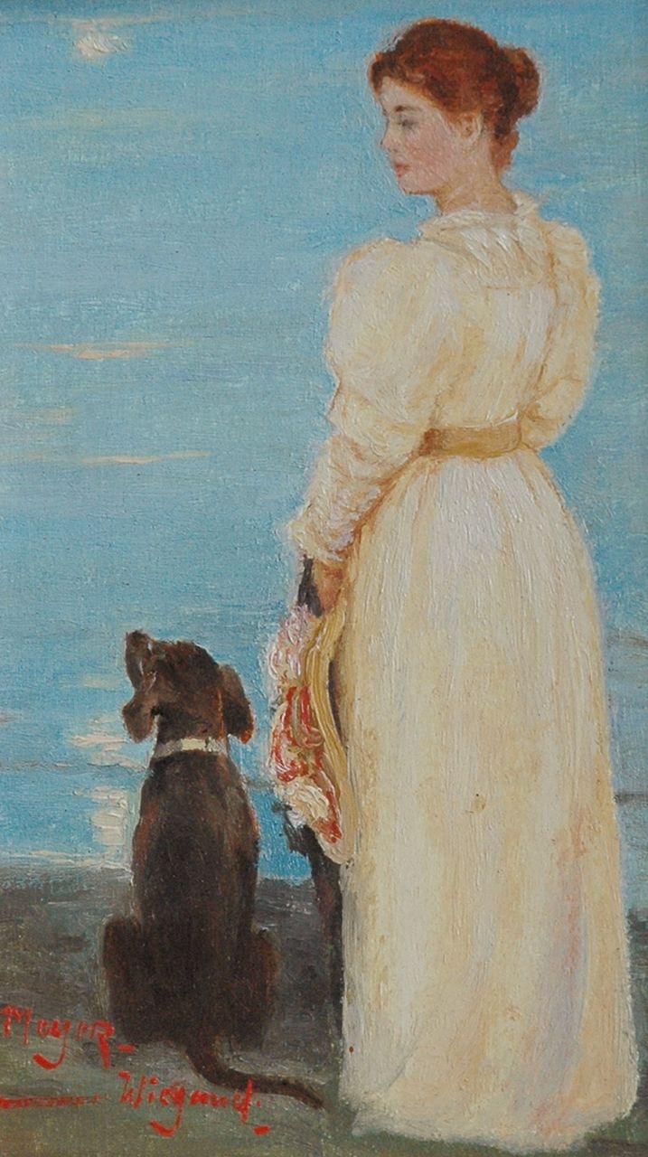 Meyer-Wiegand R.D.  | Rolf Dieter Meyer-Wiegand, Woman with a dog near the water's edge, oil on panel 16.0 x 20.0 cm, signed l.l.