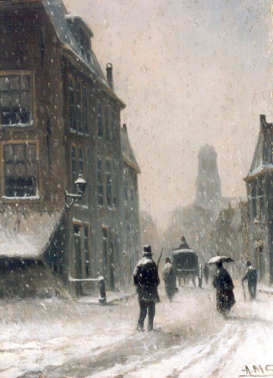 Geijp A.M.  | Adriaan Marinus Geijp, A snow-covered town, oil on panel 19.6 x 14.5 cm, signed l.r.