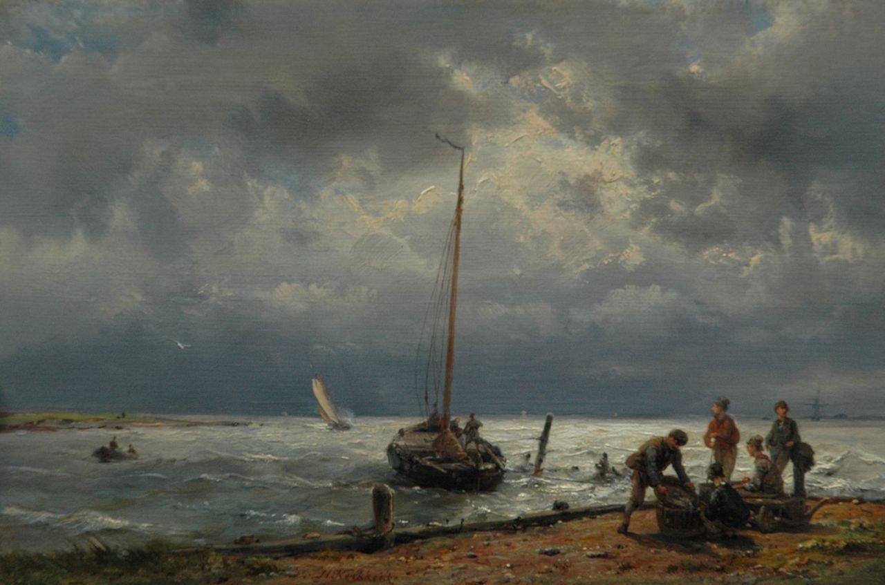 Koekkoek H.  | Hermanus Koekkoek, Unloading the catch, oil on panel 18.8 x 28.4 cm, signed l.c.