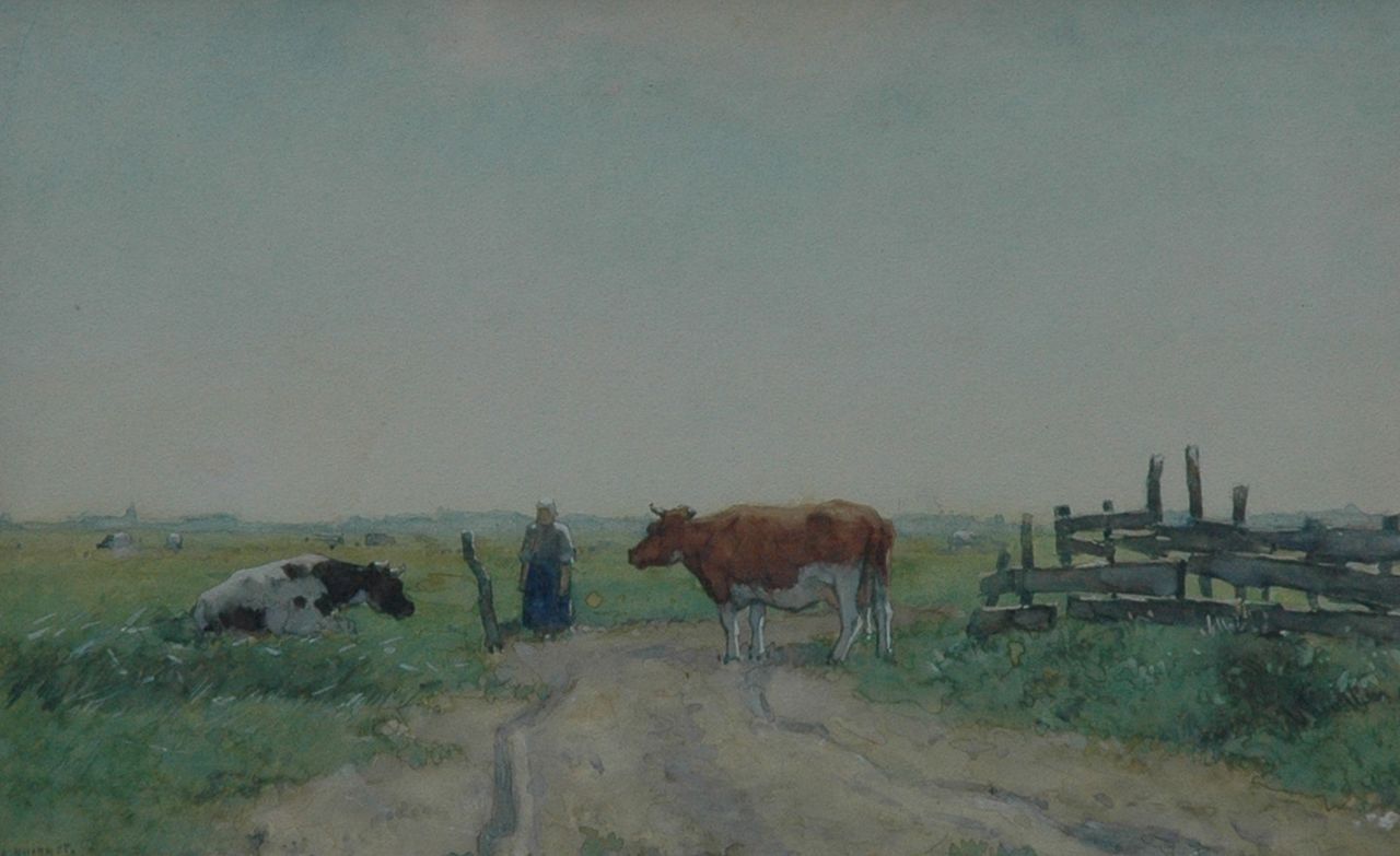 Knikker A.  | Aris Knikker, Farmer's wife and cows in the fields, watercolour on paper 21.3 x 33.3 cm, signed l.l.