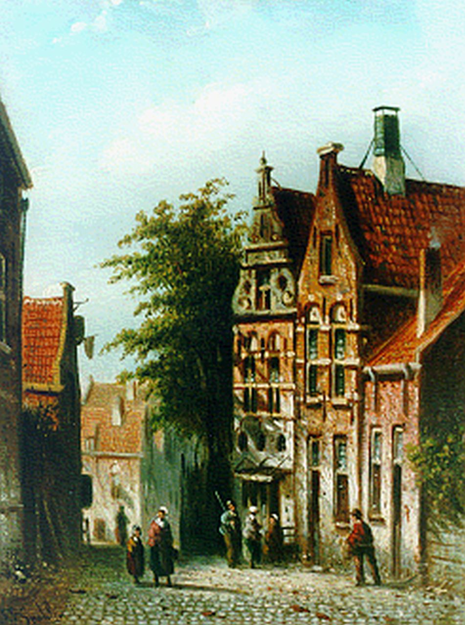 Spohler J.F.  | Johannes Franciscus Spohler, A sunlit street, oil on panel 20.8 x 15.9 cm, signed l.l.