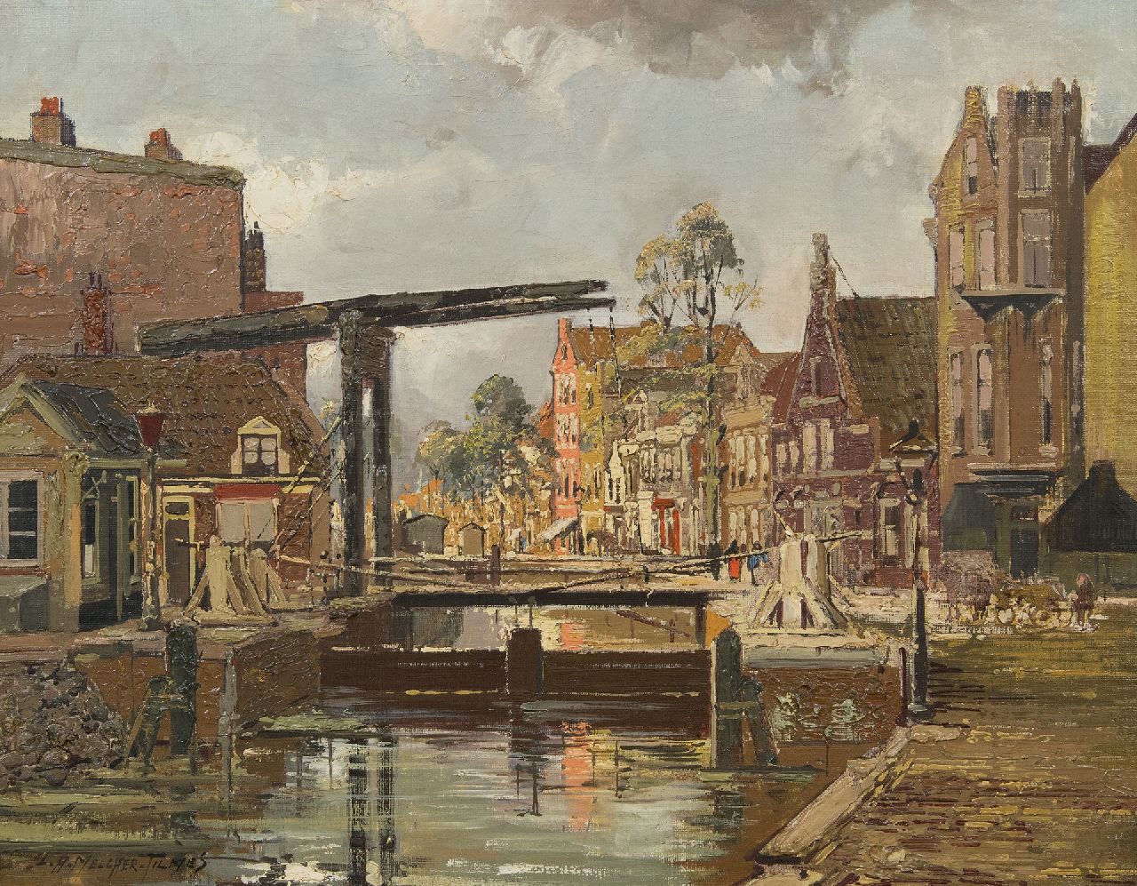 Melcher Tilmes J.H.  | Jan Hermanus Melcher Tilmes | Paintings offered for sale | Drawbridge and lock at the Overtoom, Amsterdam, oil on canvas 35.2 x 44.7 cm, signed l.l.