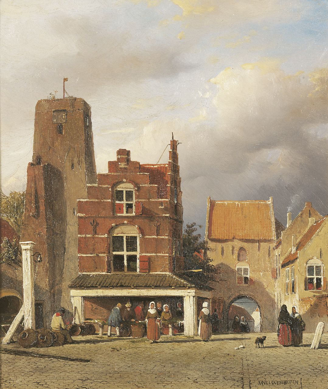 Weissenbruch J.  | Johannes 'Jan' Weissenbruch, Figures on the fishmarket of Woudrichem, with the Hoftoren, oil on panel 30.9 x 25.7 cm, signed l.r.