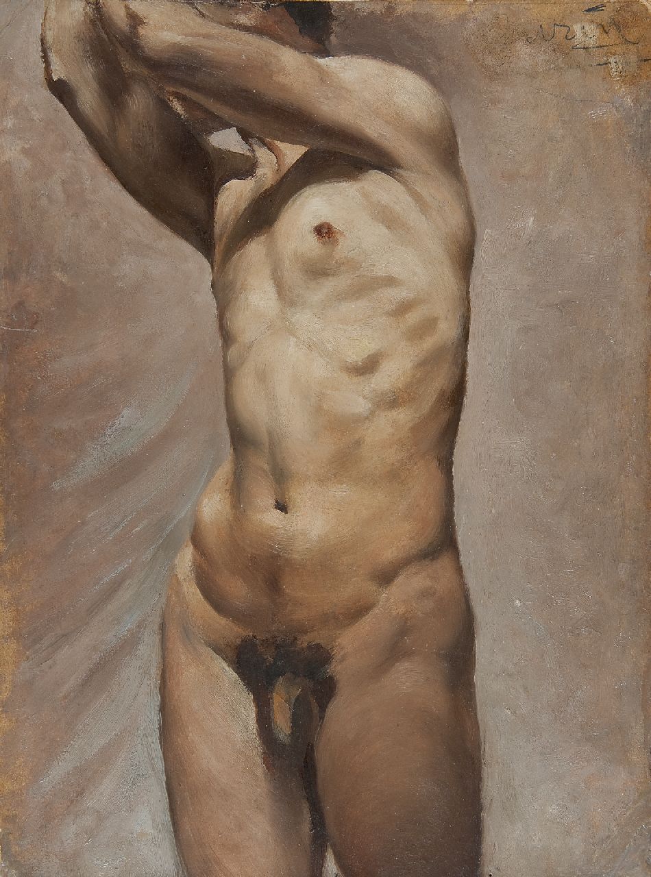 Franse School   | Franse School, Study: male nude, standing, oil on board 45.0 x 33.5 cm, signed u.r.
