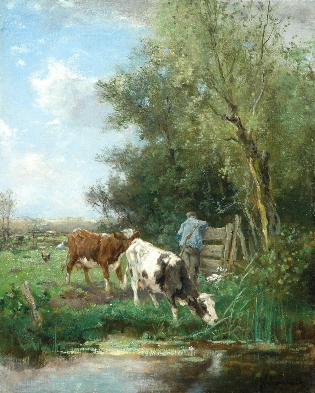Scherrewitz J.F.C.  | Johan Frederik Cornelis Scherrewitz, A farmer with cattle by a fence, oil on canvas 50.3 x 40.6 cm, signed l.r.