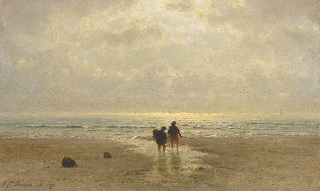 Destrée J.J.  | Johannes Josephus Destrée, Two shellgatherers on the beach at sunset, oil on panel 32.6 x 52.0 cm, signed l.l. and dated 1879