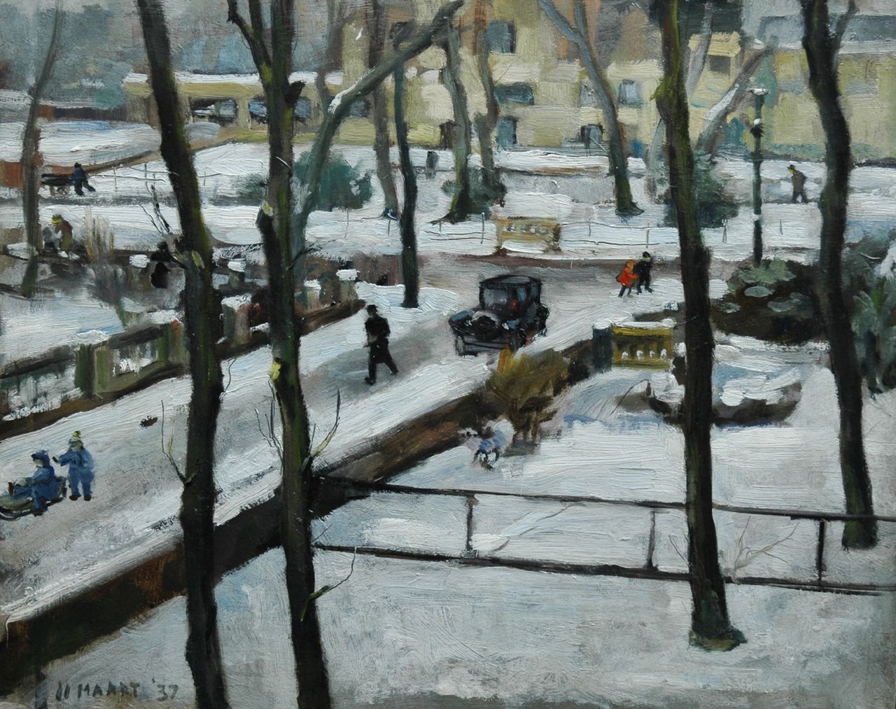 Arntzenius E.C.  | Elise Claudine Arntzenius, A view of The Hague in winter, with the Municipal Museum in the distance, oil on panel 32.4 x 40.2 cm, dated 11 maart '37