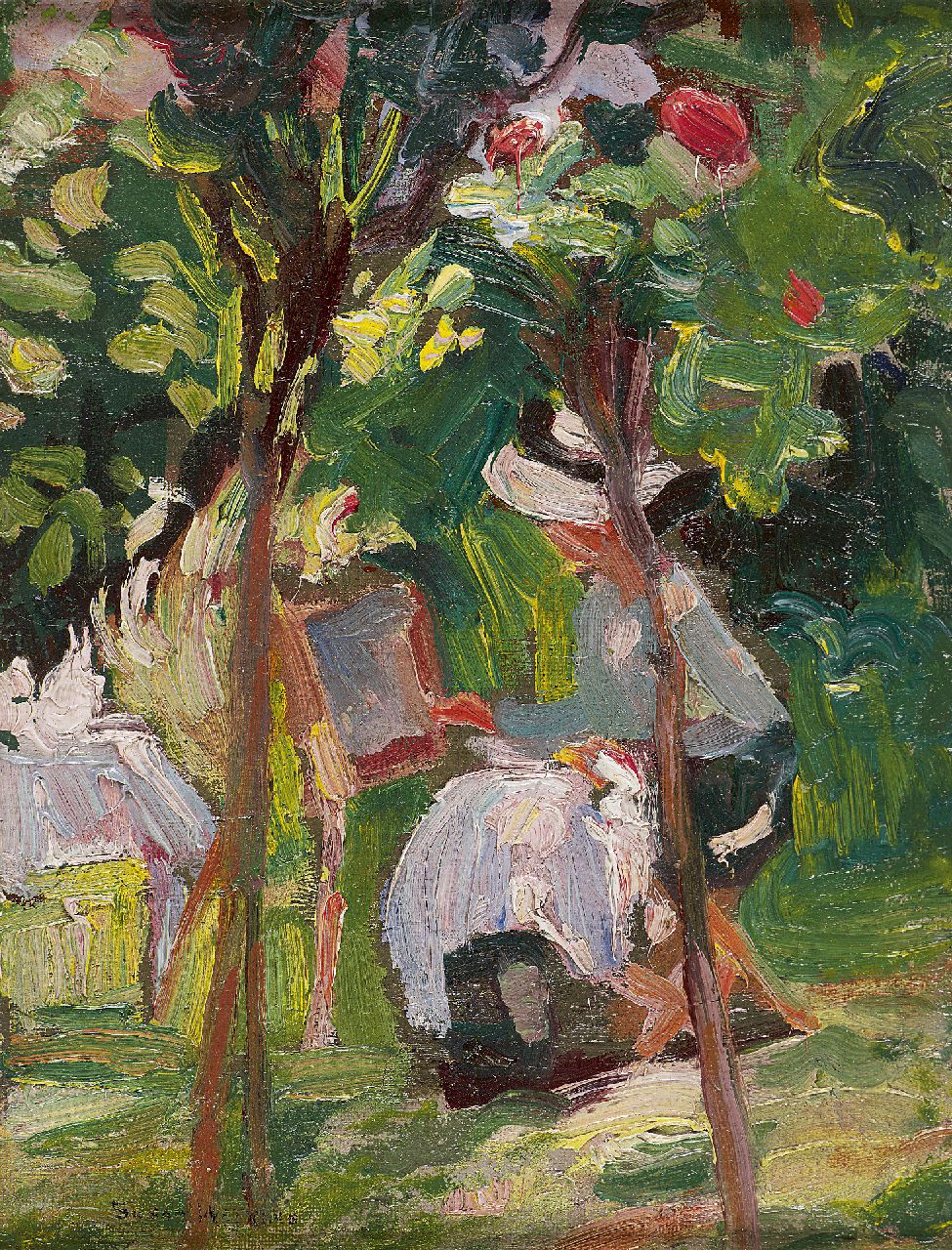 Watkins S.  | Susan Watkins, Painting in the garden, oil on canvas laid down on board 23.1 x 17.9 cm, signed l.l.