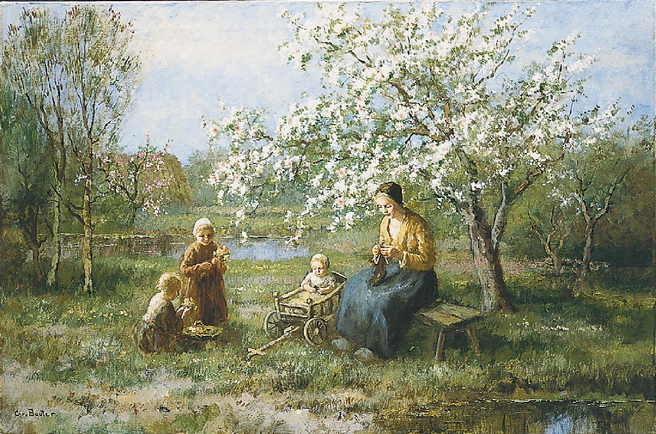 Bouter C.W.  | Cornelis Wouter 'Cor' Bouter, A happy family in the orchard, oil on canvas 61.0 x 91.4 cm, signed l.l.