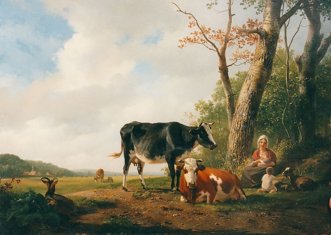 Sande Bakhuyzen H. van de | Hendrikus van de Sande Bakhuyzen, A summer landscape with a cowherdess and cattle, oil on panel 47.7 x 60.7 cm, signed l.l. and dated 1829