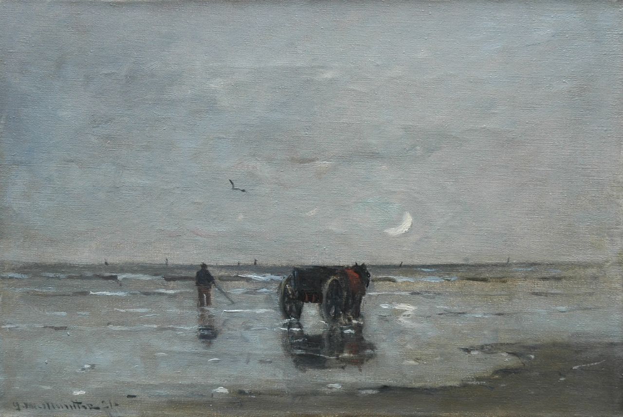 Munthe G.A.L.  | Gerhard Arij Ludwig 'Morgenstjerne' Munthe, Shrimp fisher at dusk, oil on canvas 28.8 x 43.2 cm, signed l.l.