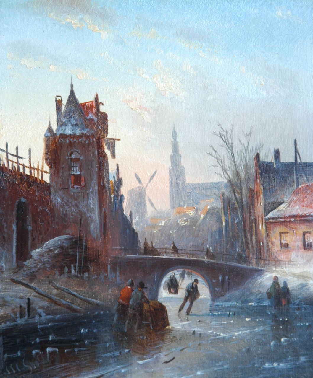 Spohler J.J.C.  | Jacob Jan Coenraad Spohler, A town view with skaters, oil on panel 19.0 x 15.7 cm, signed l.l. with initials