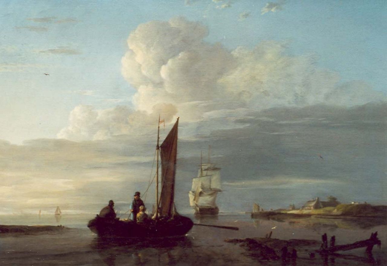 Koekkoek J.H.  | Johannes Hermanus Koekkoek, Sailing vessels on an estuary, oil on panel 28.0 x 39.0 cm, signed l.r.