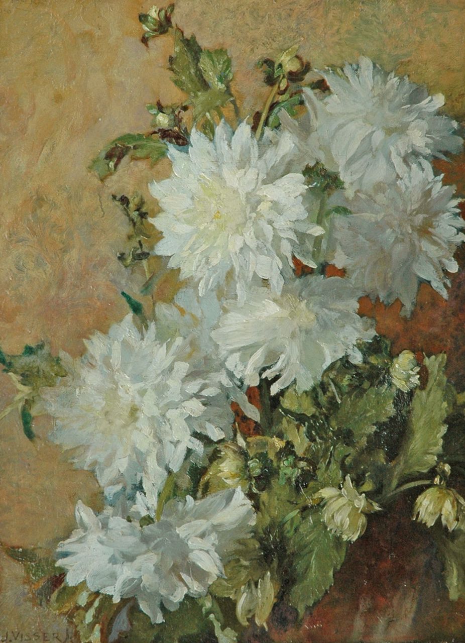 Visser jr. J.  | Jan Visser jr., Dahlias, oil on painter's board laid down on panel 50.1 x 37.8 cm, signed l.l.